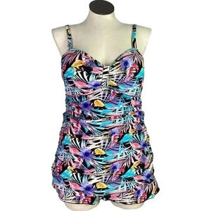 Shore Shapes Women 18 Tropical Floral One Piece Swimdress Multicolor Tiki Pin Up